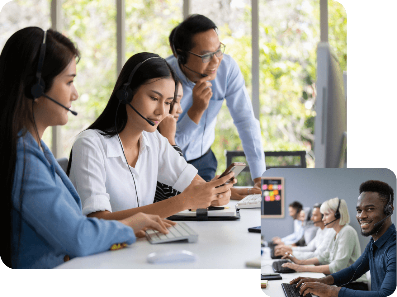 Dedicated Dispatch Assistance - expert back-office team delivering live dispatch support and member care Dispatch team wearing headsets around a desk reviewing trip requests, with an inset of a smiling dispatcher providing virtual support