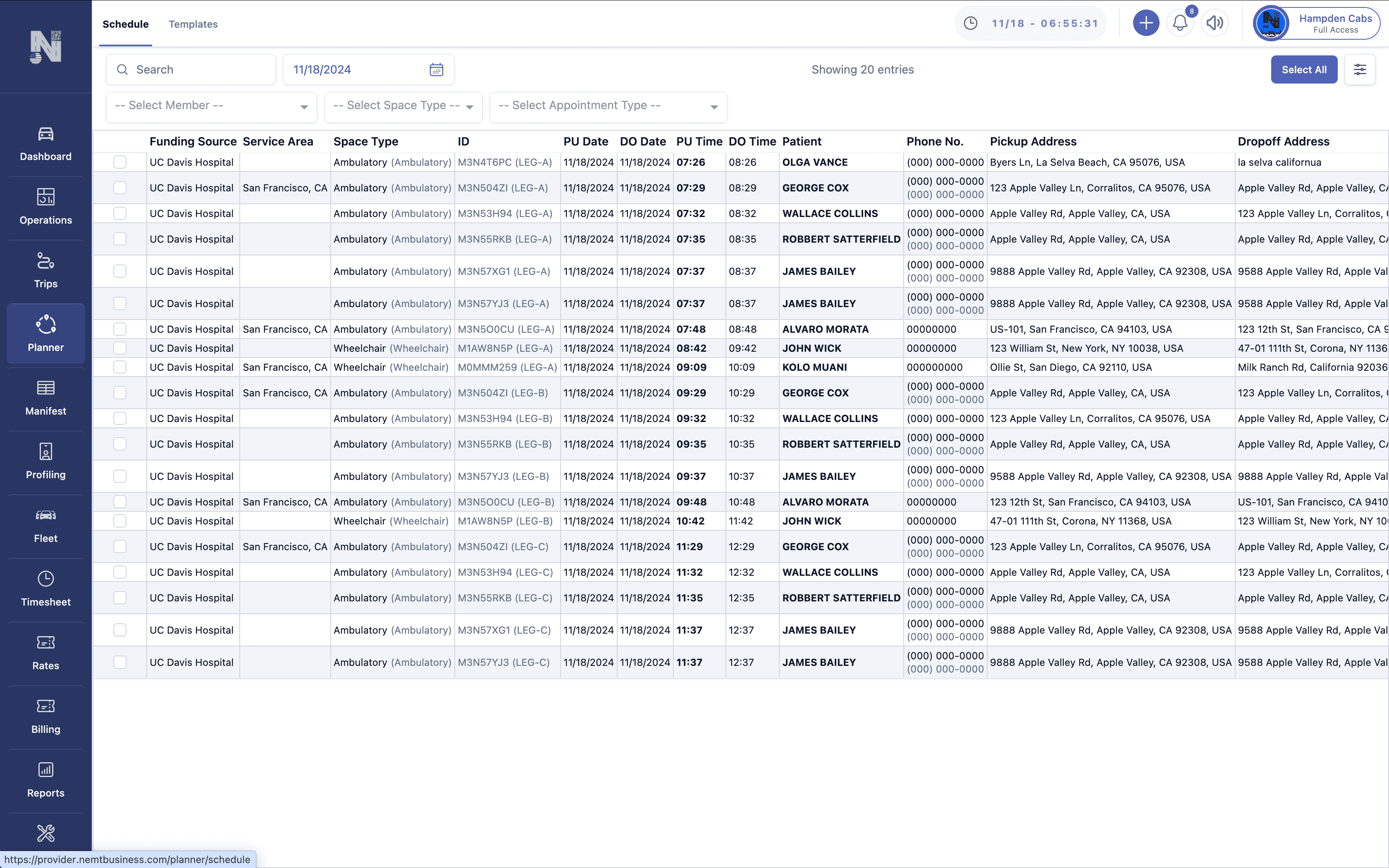 Planner Module - efficient daily route planning and improved driver scheduling Screenshot of the Planner Module showing a daily trip schedule table with filters for date, member, space type and appointment type, and columns for pickup/drop‑off addresses, times and patient details