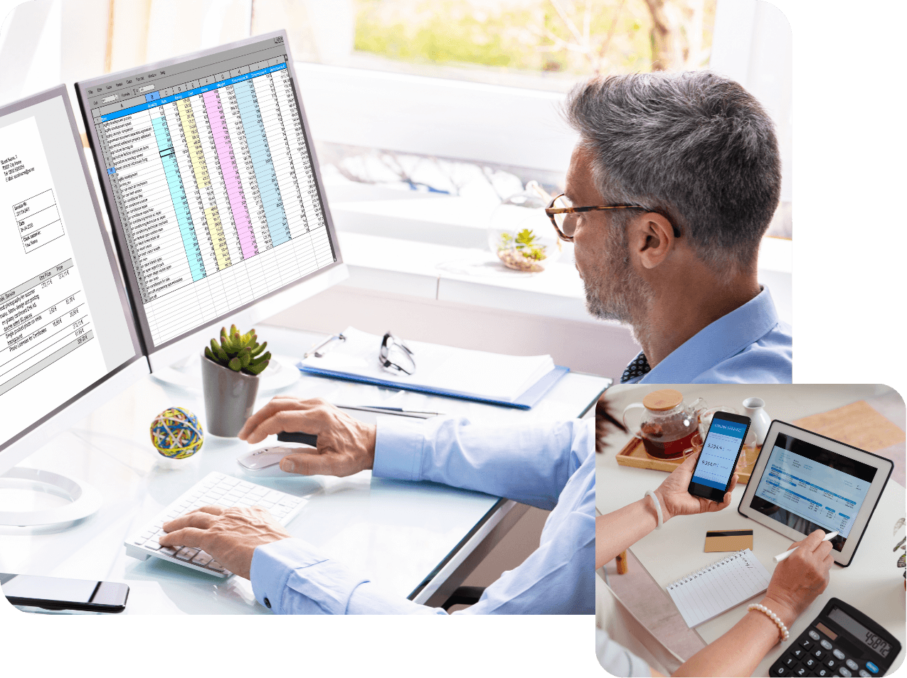 Automated Billing Solutions - desktop billing dashboard with mobile invoice interface User at a desk reviewing billing spreadsheets on dual monitors, with an inset showing invoice screens on a smartphone and tablet