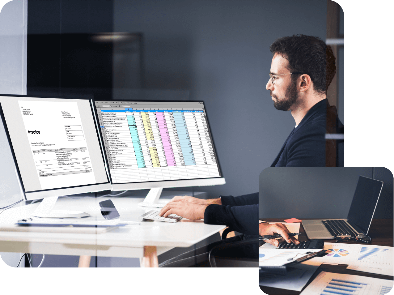 Claims & Auditing Services - automated claims submission and auditing tools for compliance and financial integrity Man at desk reviewing claims invoice and audit spreadsheets on dual monitors, with an inset showing hands analyzing financial charts and reports