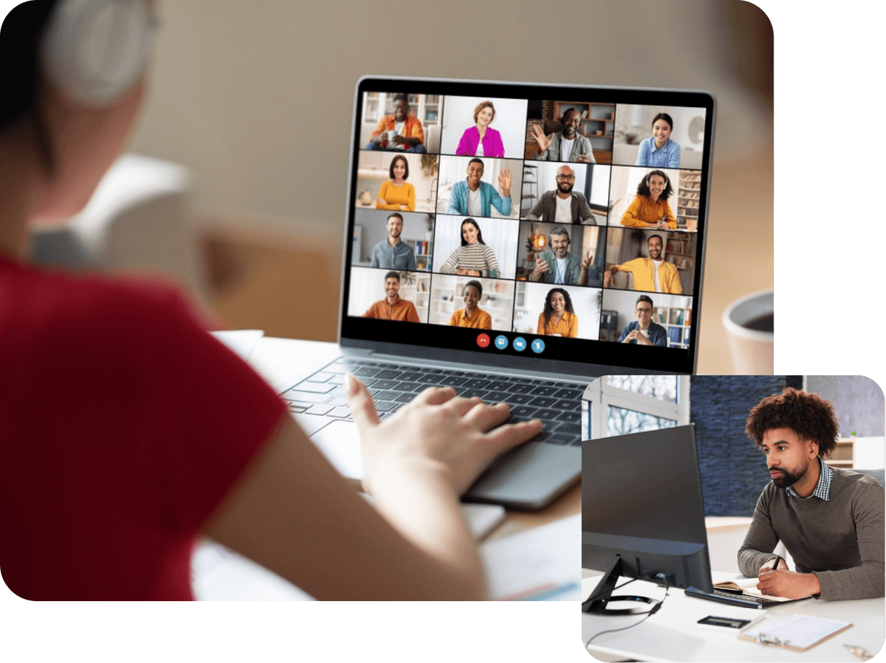 Comprehensive Training Programs - live virtual conference and interactive hands-on sessions for NEMT staff Over-the-shoulder view of an employee attending a virtual training on a laptop with a gallery of remote participants, plus an inset image of an instructor guiding a hands-on session