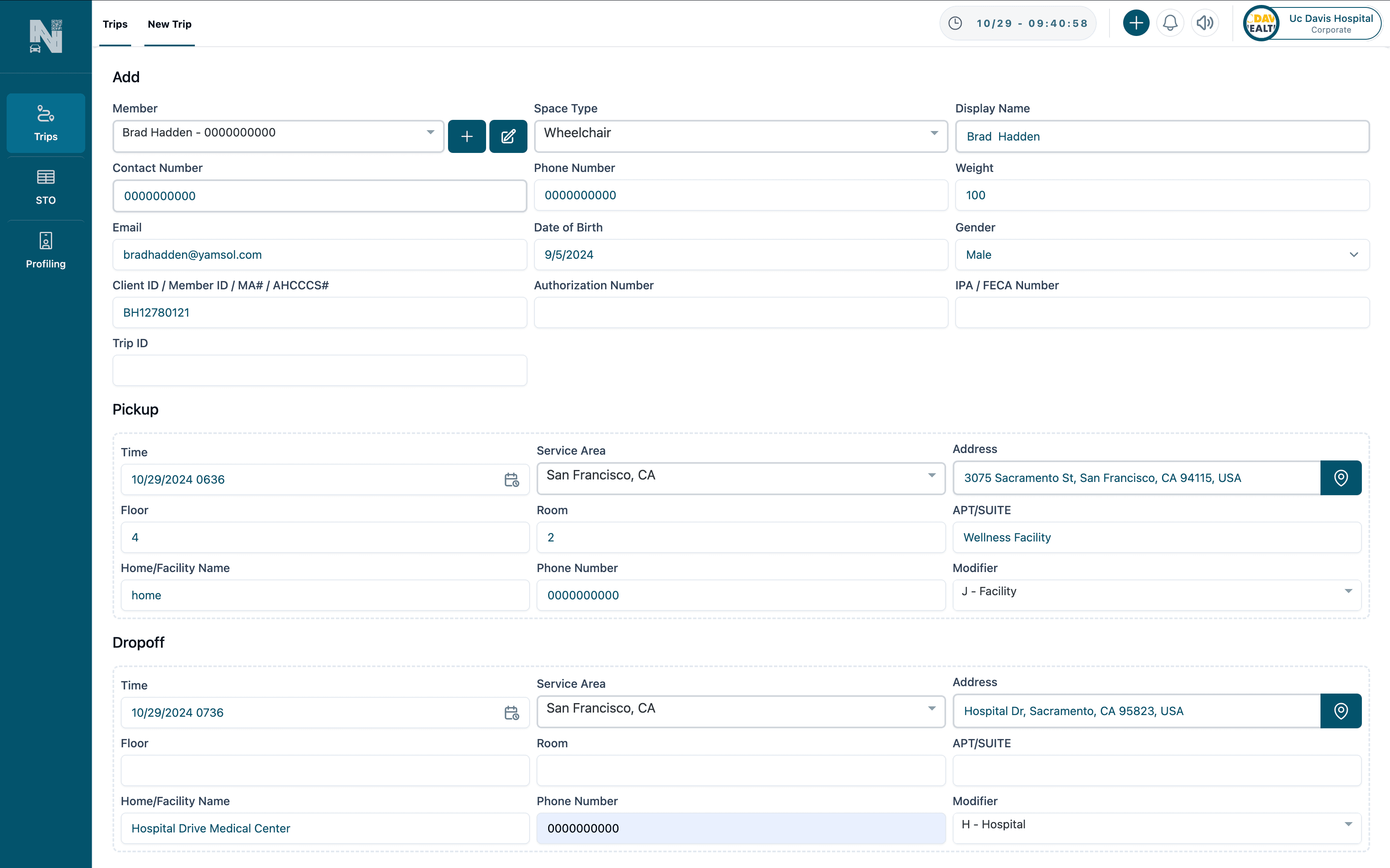 Quick & Efficient Trip Creation Screenshot of the Create Trip Module showing fields for member selection, contact info, space type, trip ID, pickup/drop‑off details (time, service area, address, floor, room, facility, phone, modifier) and date of birth and weight inputs