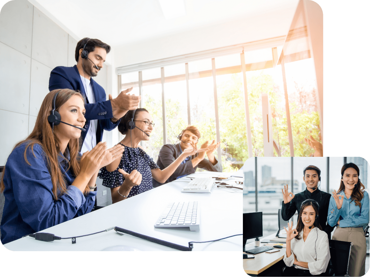 Efficient Dispatching Solutions - expert NEMT dispatch team managing bookings and support NEMT dispatch team in a bright office wearing headsets and applauding, with an inset video-call grid of four remote colleagues