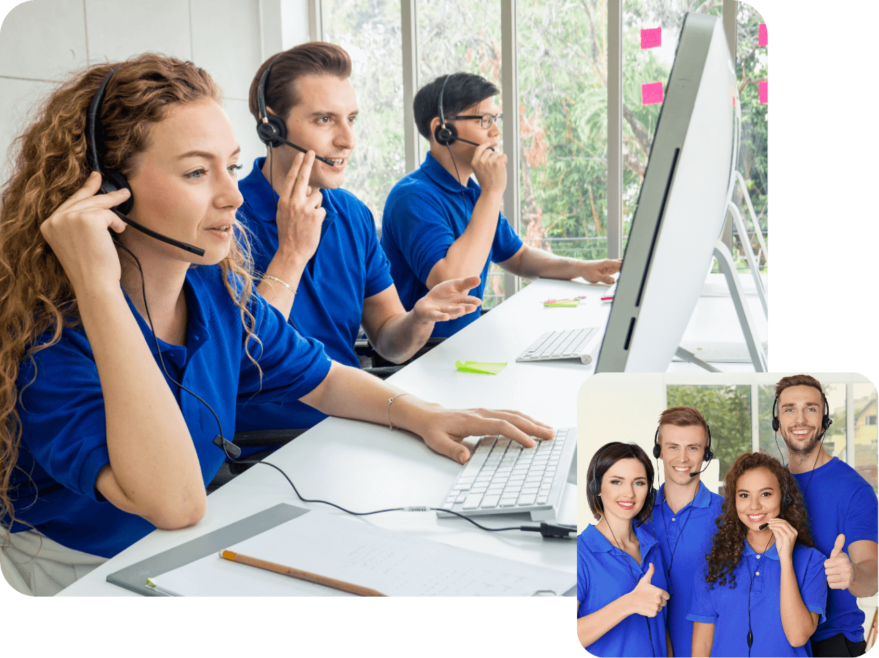 Live Support and Assistance - 24/7 expert help for technical and operational guidance NEMT live support team wearing headsets at workstations providing real-time assistance