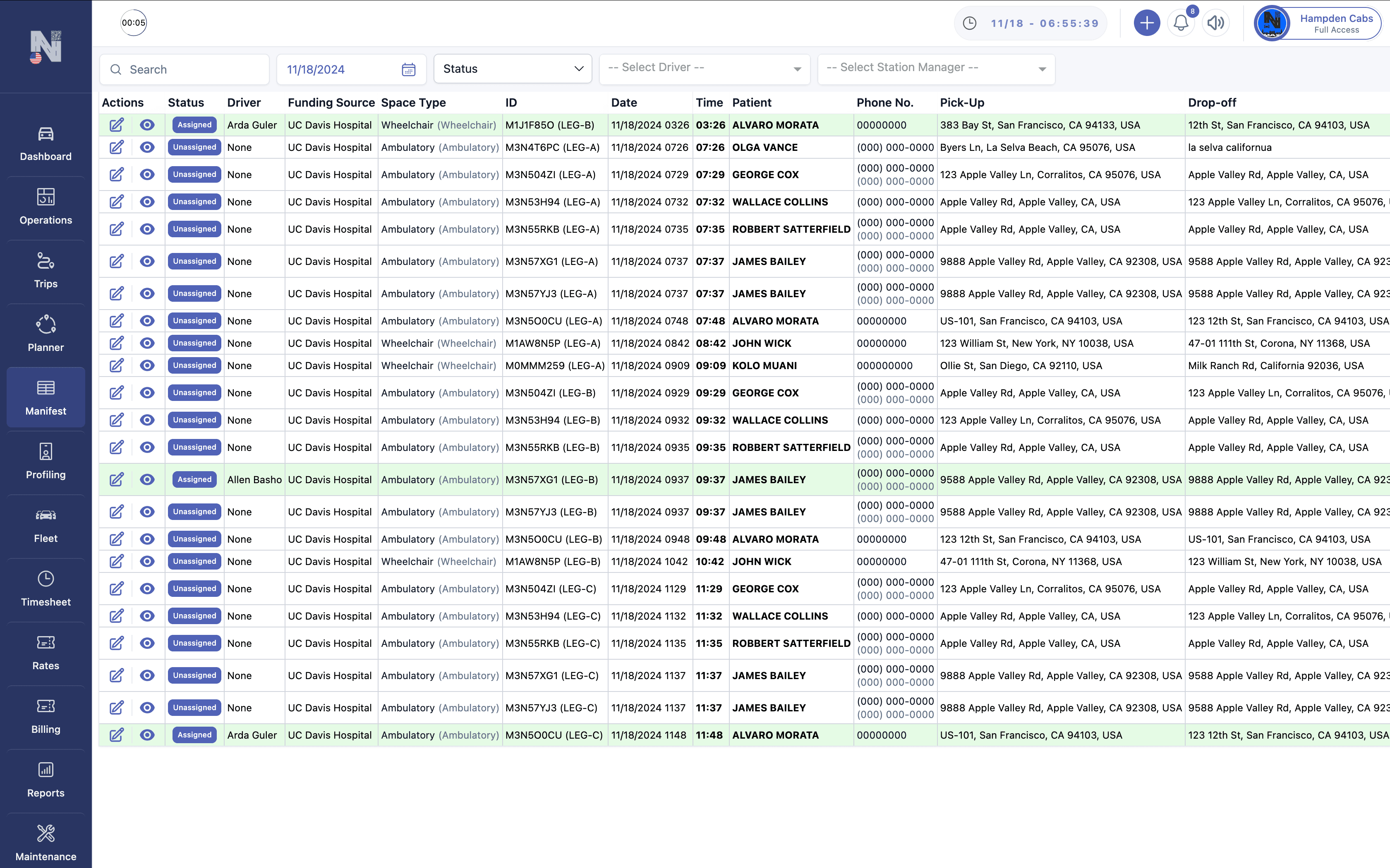 Manifest Module - track daily trips with detailed status indicators and comprehensive lists for full operational transparency Screenshot of the Manifest Module showing a detailed trip list with columns for action icons, status badges, driver assignments, funding source, space type, trip IDs, dates, times, pickup and drop-off addresses