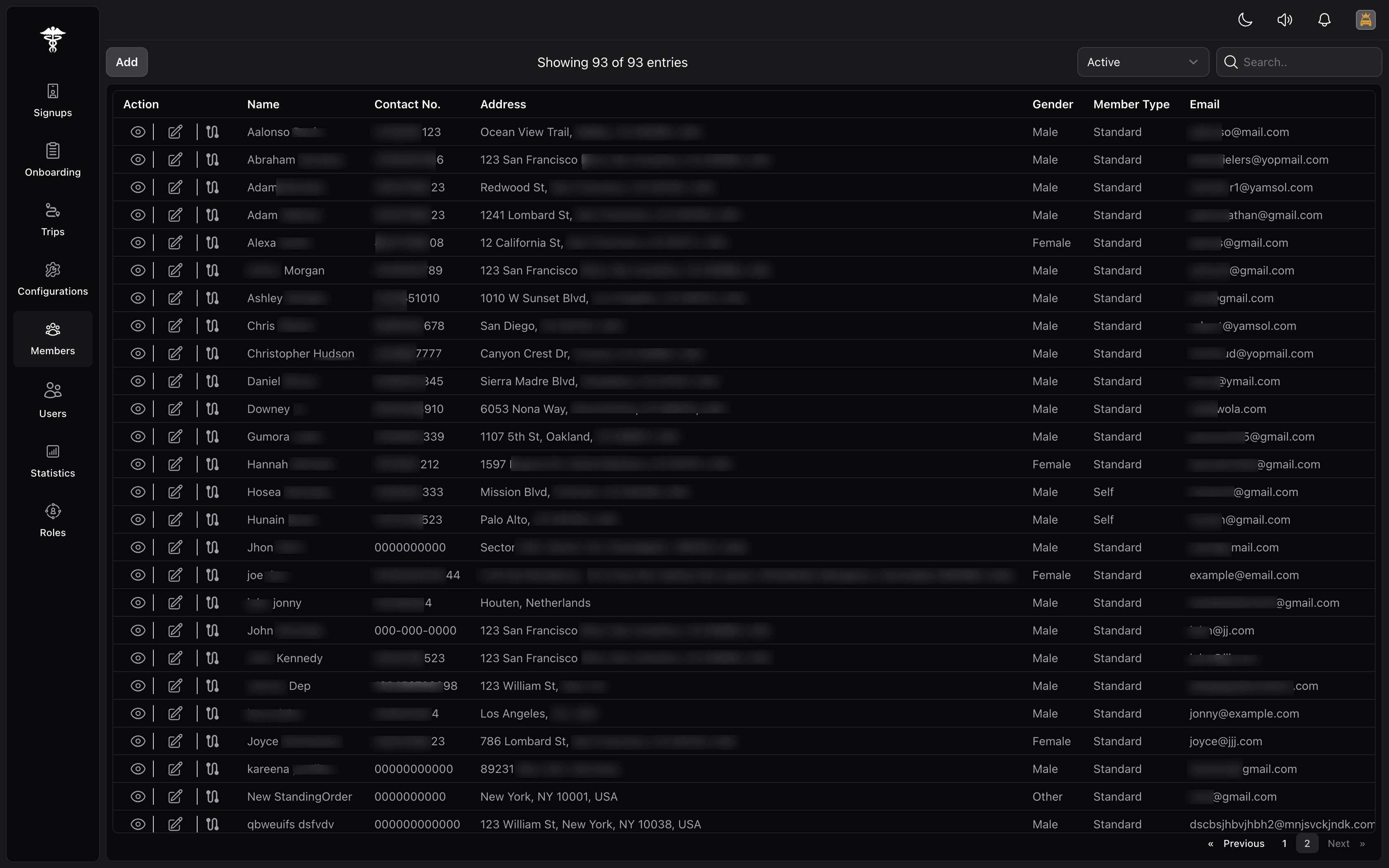 Member Database - maintain accurate member profiles with demographics, service preferences and trip logs Screenshot of the Members Module showing a table of member records with action icons, names, contact numbers, addresses, gender, member type and email, plus search and filter controls