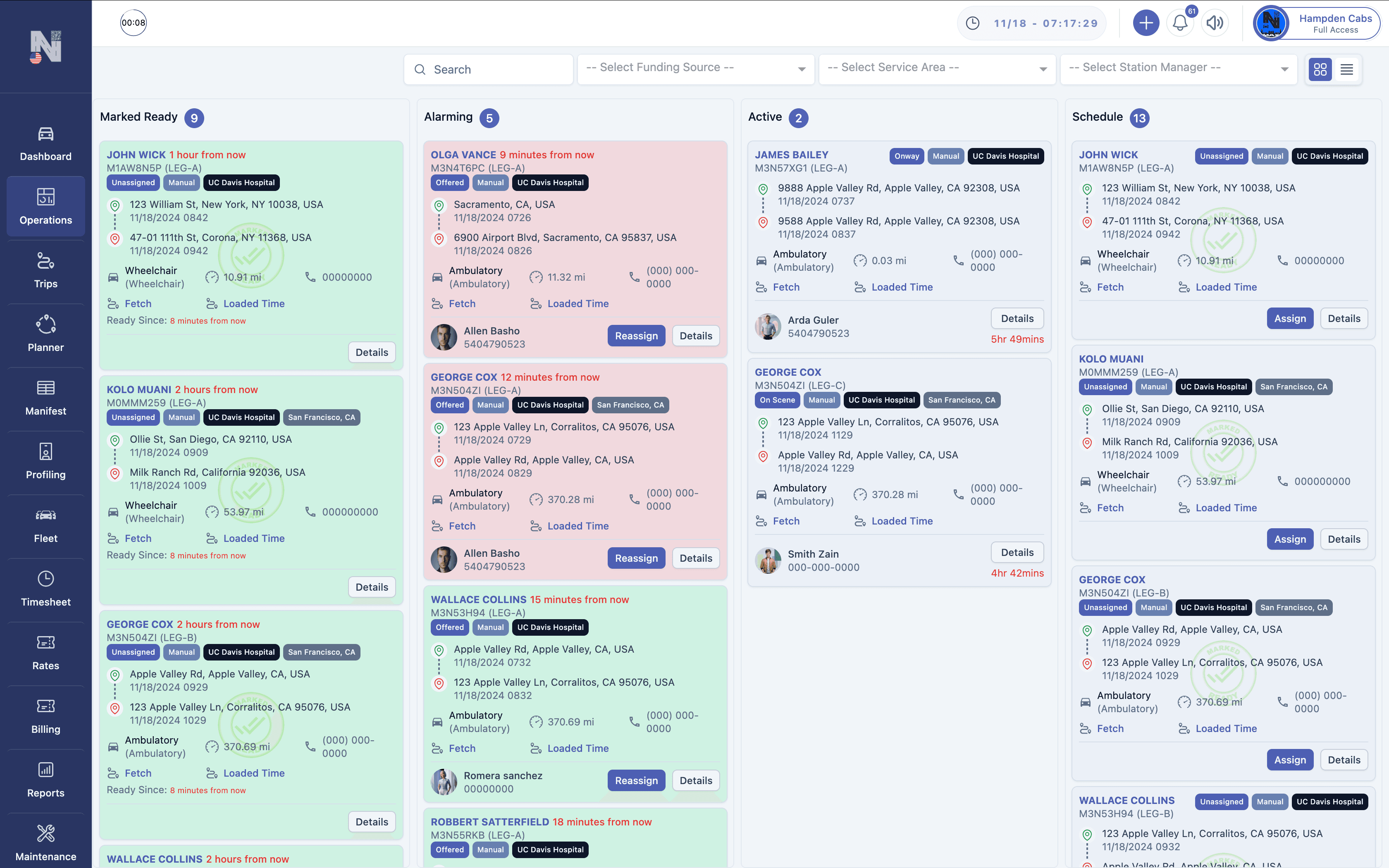 Operations Management - monitor active trips, handle cancellations and manage driver assignments to boost efficiency Screenshot of the Operations Module showing a manifest table of trips with columns for status, driver, funding source, space type, ID, date, time, patient, pickup and drop-off locations
