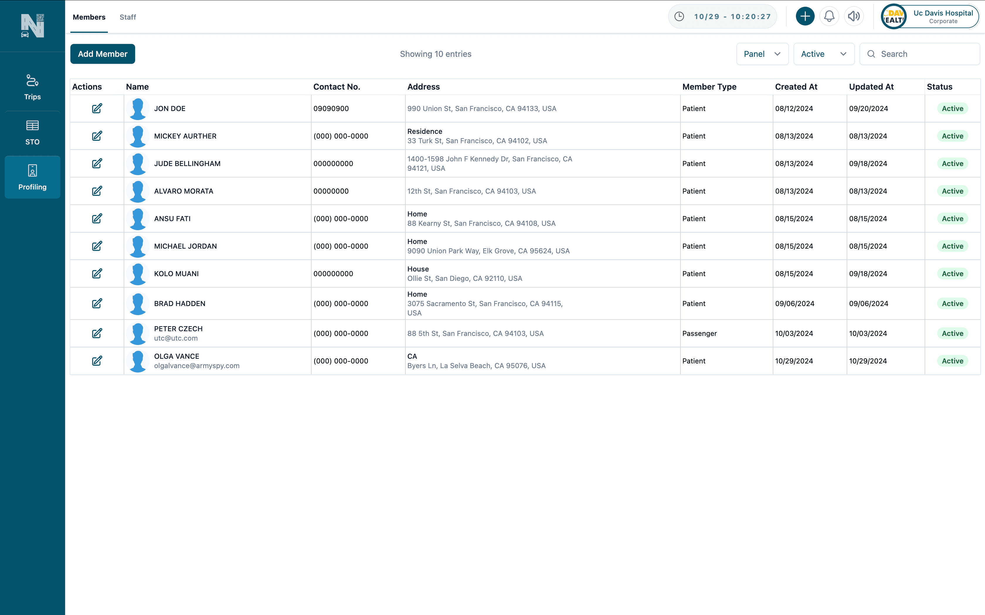 Comprehensive Credential Management Screenshot of the Profiling Module showing a table of profiles with action icons, names, contact numbers, addresses, member types, creation and update dates, and active status filters