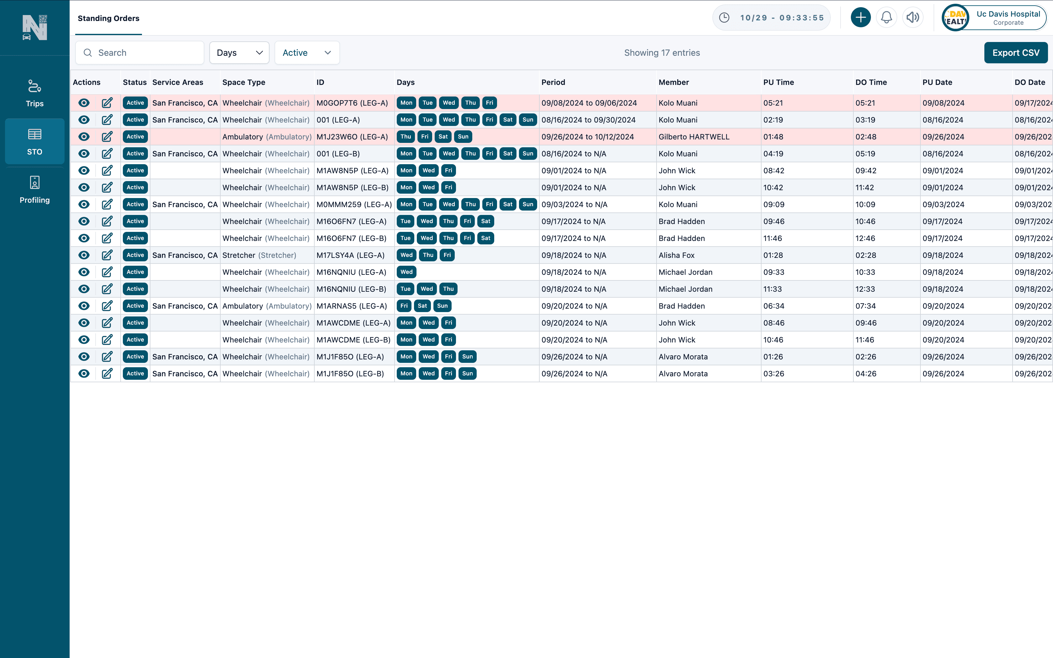 Automate Regular Trips with Ease Screenshot of the Standing Order Module showing active recurring orders with columns for actions, status badges, service areas, space type, order ID, day‑of‑week badges, period dates, member name, pickup/drop‑off times and dates, and an Export CSV button