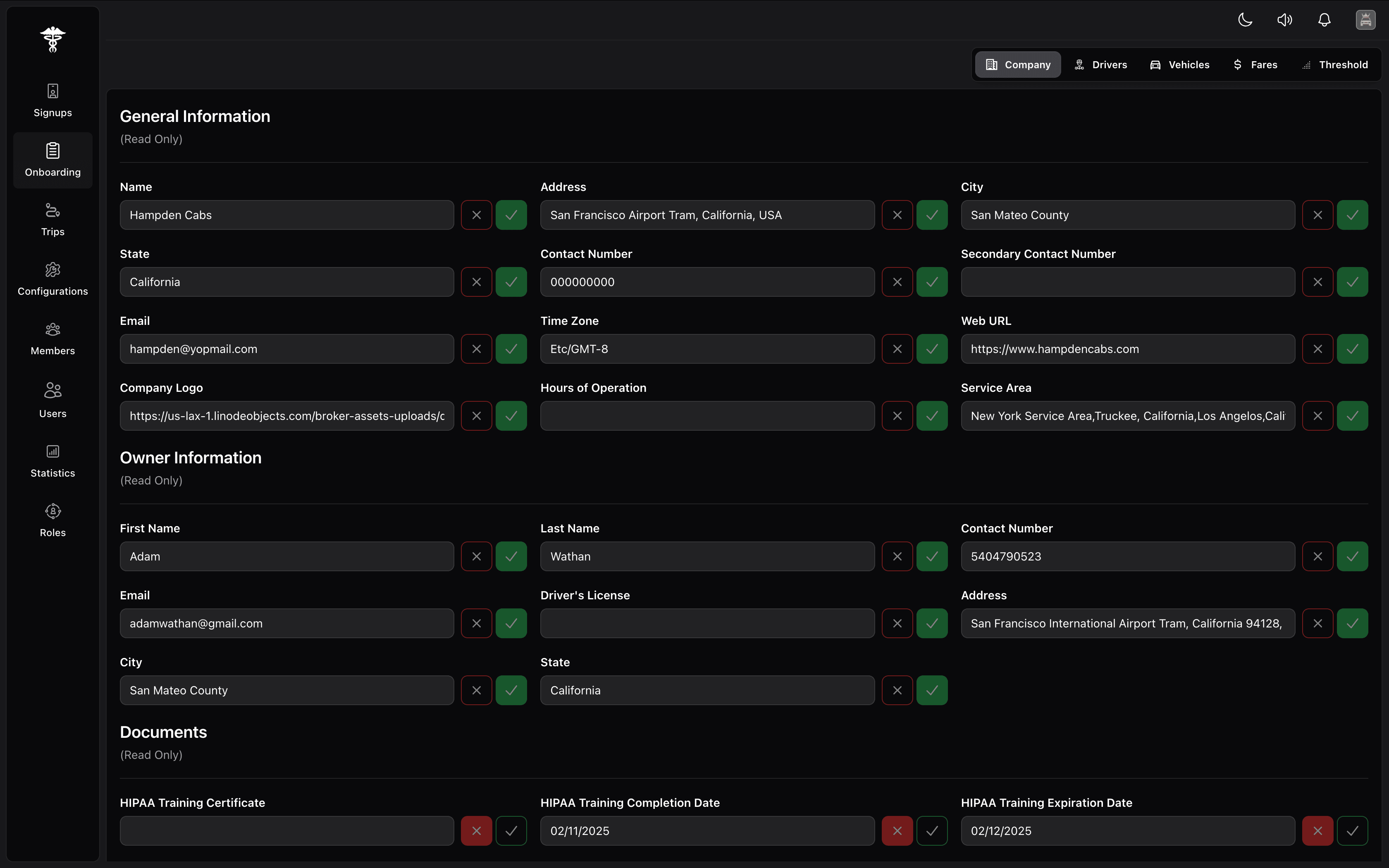 Provider Onboarding - centralized company enrollment to fare configuration Onboarding module showing general information form with fields for company name, address, contact details, owner information and document status