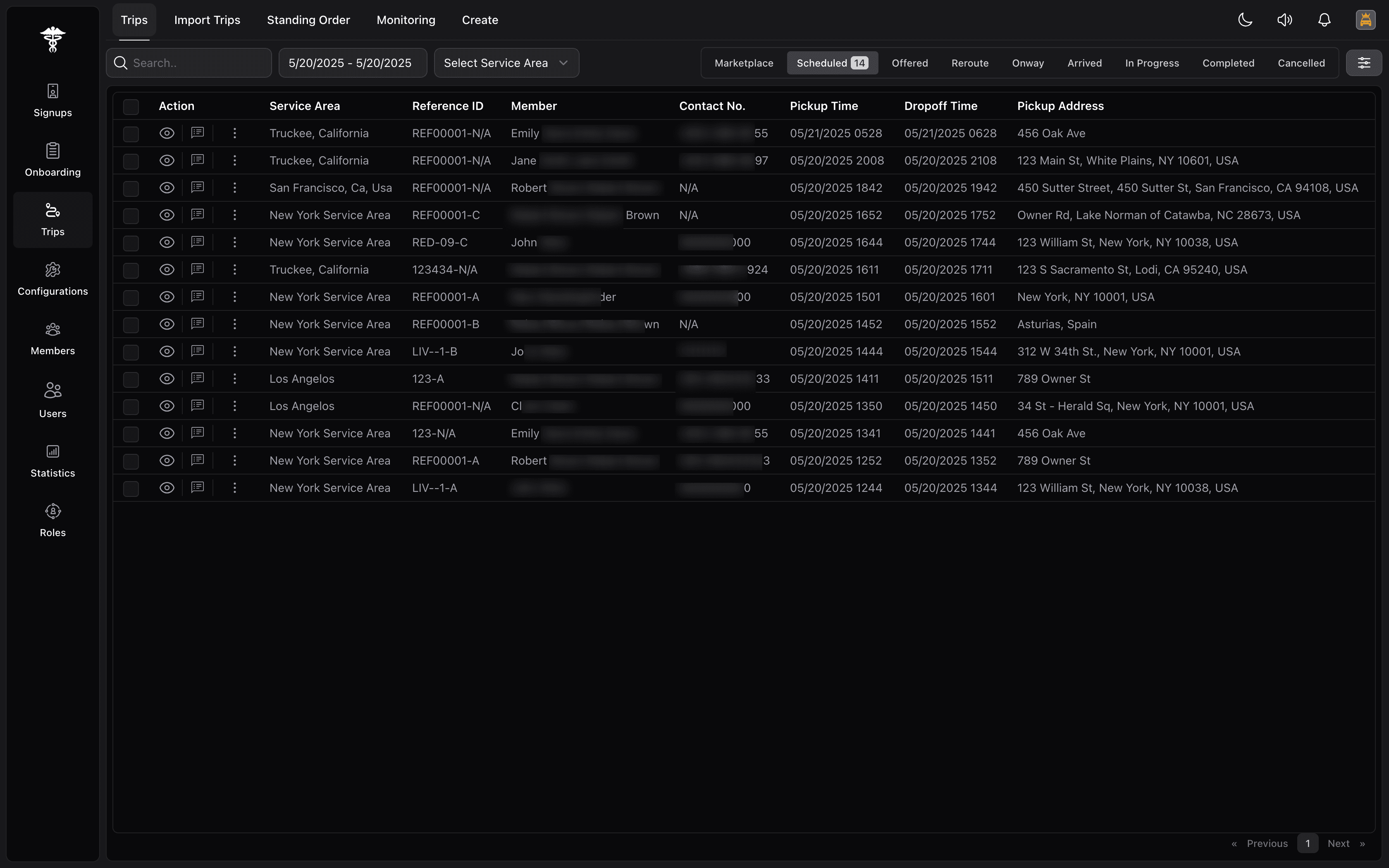 A Complete Digital Distribution Platform for NEMT Brokers - streamline trip creation, auto-assign loads, real-time tracking and analytics Dark-mode dashboard of the NEMT Broker Panel showing sidebar navigation for trips, signups and configurations, with a main table of scheduled trips and reference IDs