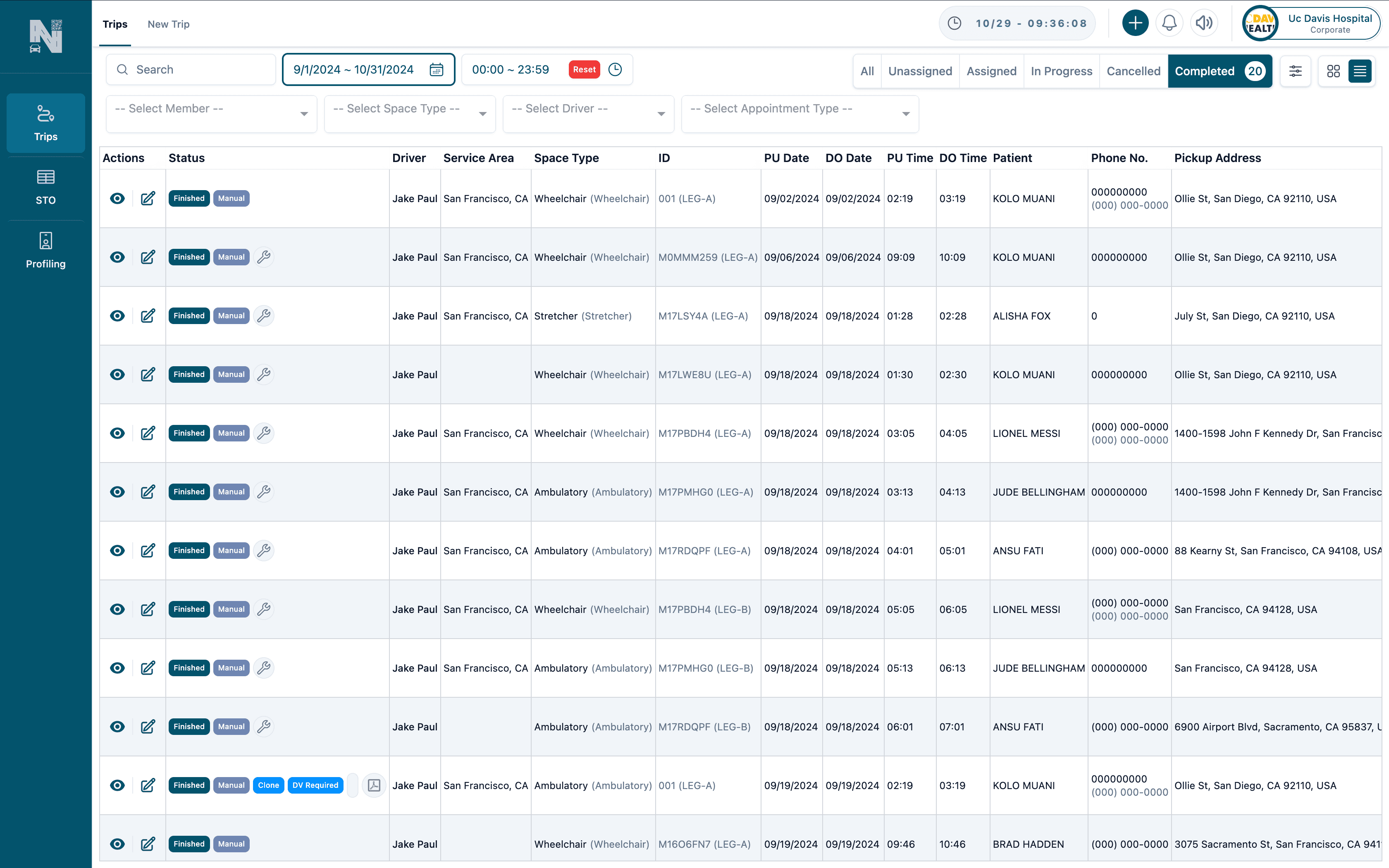 Simplify Trip Management for Your Premium Clients - NEMT Corporate Panel for scheduling, tracking and reporting NEMT Corporate Panel showing a detailed trip list with columns for actions, status, driver, service area, space type, trip ID, pickup/drop-off dates and times, and patient names, plus navigation tabs and filter controls