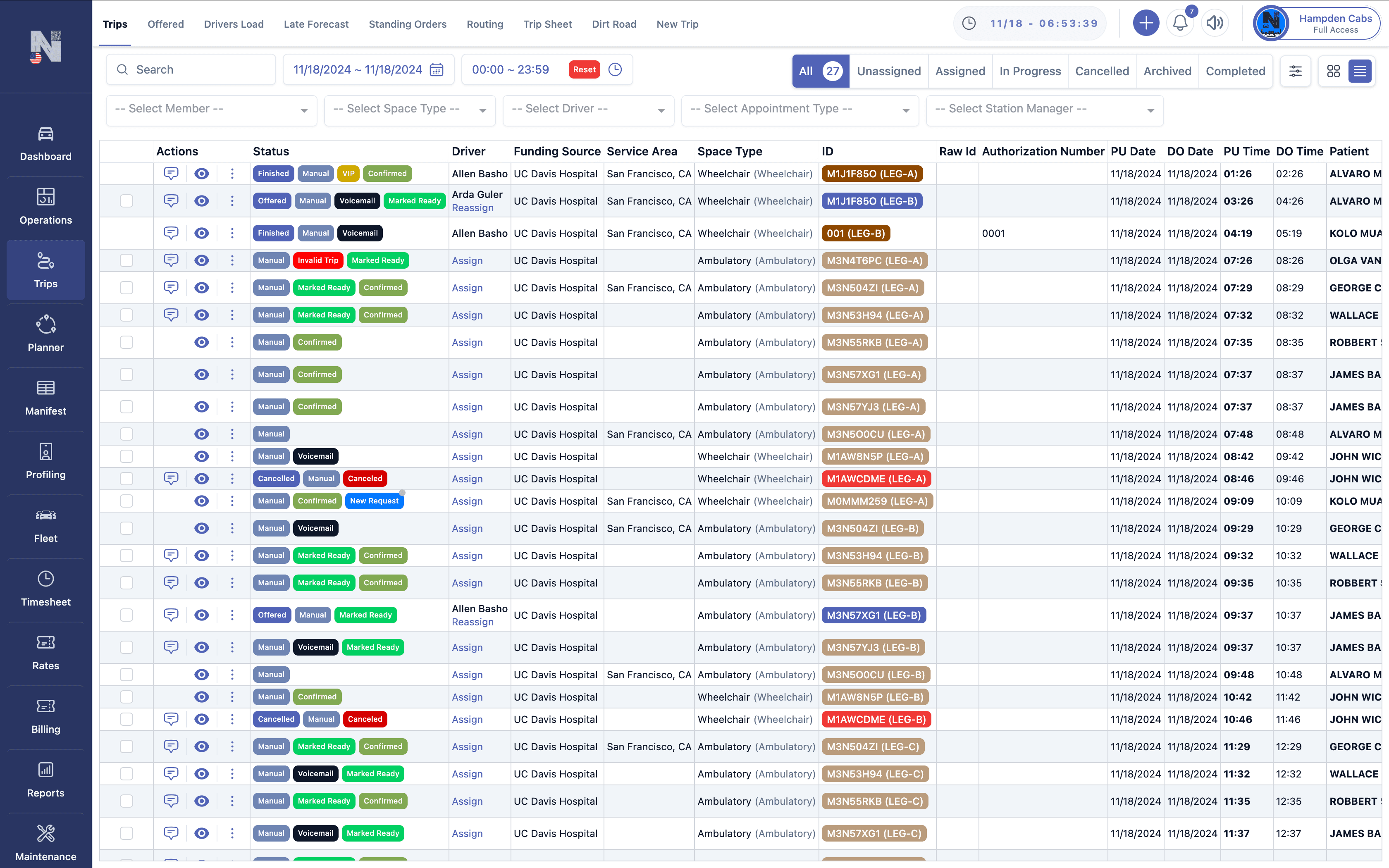 Dynamic Trips Management – schedule, assign and track each trip with ease, ensuring accuracy and accountability throughout your service Screenshot of the Trips Module showing a table of trips with action icons, status badges, driver assignments, funding source, space type, trip IDs, dates, times, patient names, pickup and drop‑off addresses